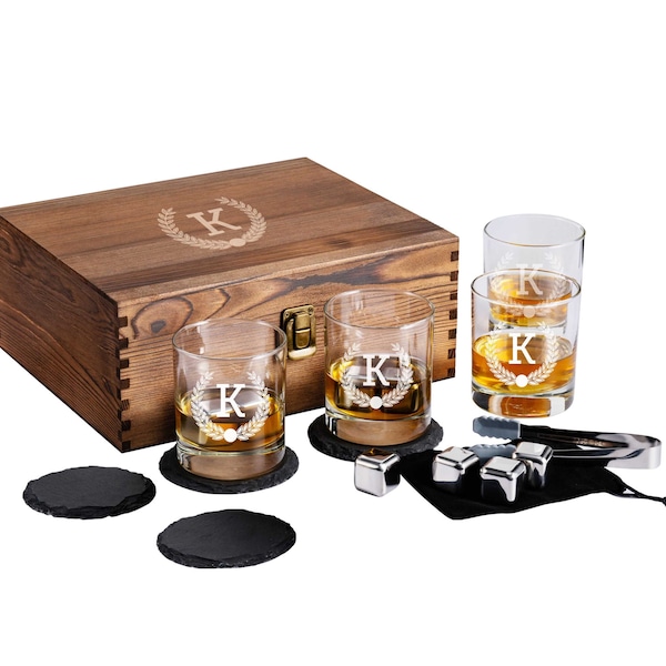 Personalized Whiskey Glasses With Wooden Gift Box Custom Etched Bourbon Rocks Glass Set of 4 Perfect Gift For Father's Day Gift For Him