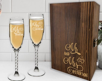 Personalized Champagne Flutes With Wooden Gift Box Wedding Toasting Glasses, Mr and Mrs Glasses, Engraved Toasting Glass Set of 2