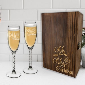 Personalized Champagne Flutes With Wooden Gift Box Wedding Toasting Glasses, Mr and Mrs Glasses, Engraved Toasting Glass Set of 2