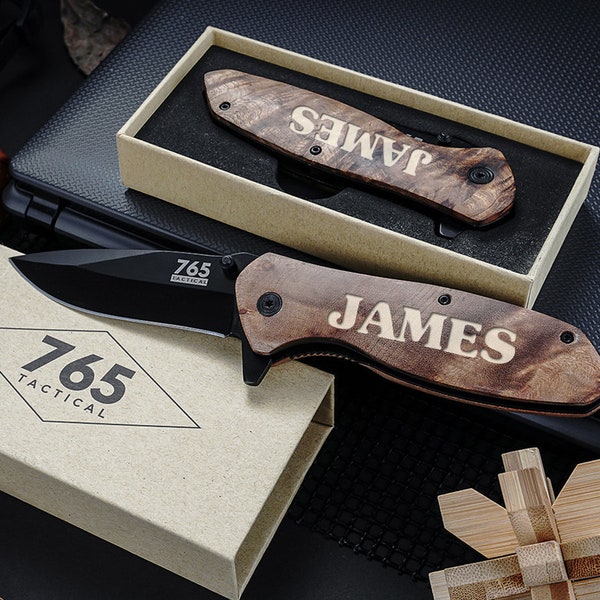 Personalized Groomsmen Gifts Pocket Knife With Wooden Box  - Fishing, Camping, Hunting - Custom Perfect Gift for Him, Gift For Dad,