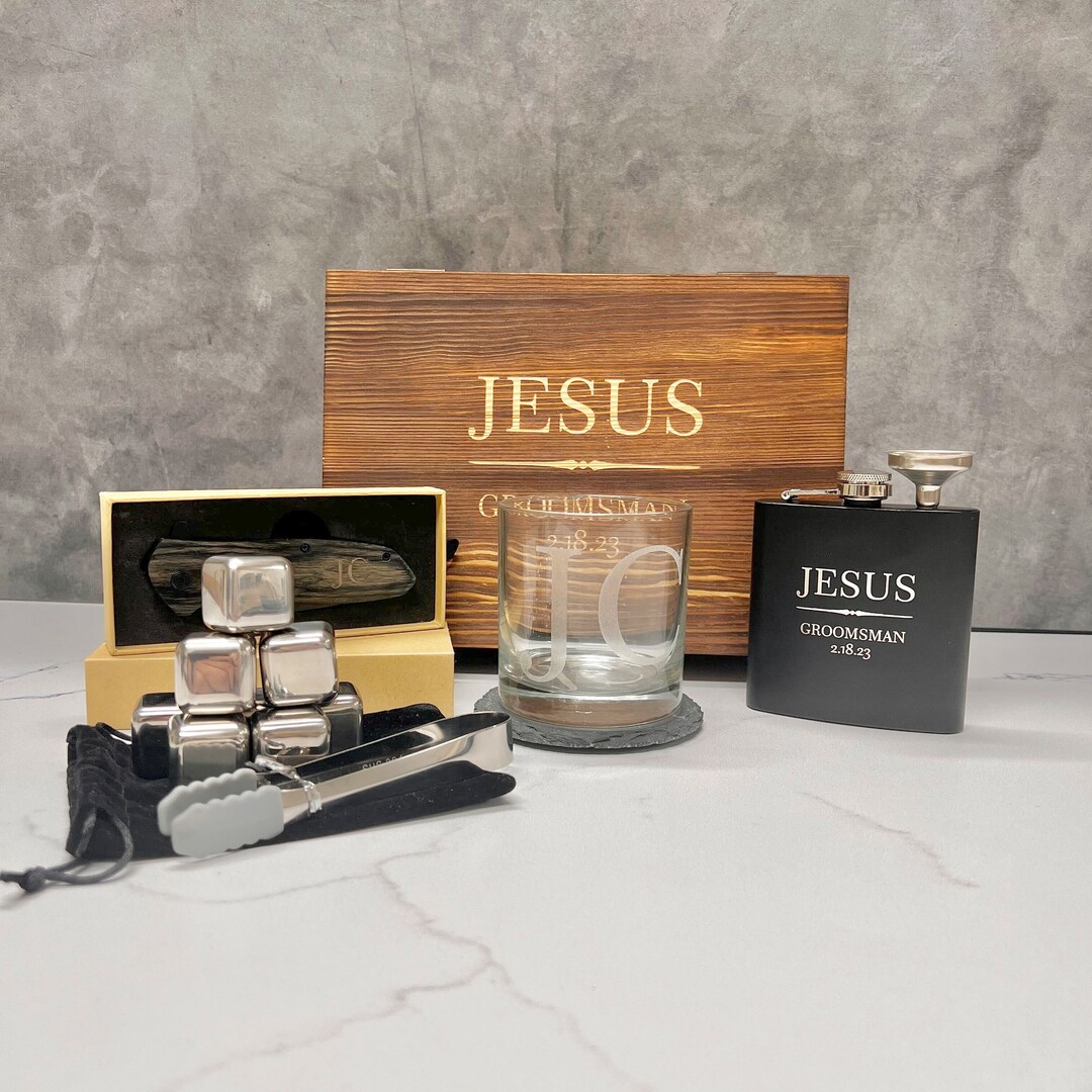 Groomsmen Gift Box With Whiskey Glass and Flask, Engraved Rocks Glass ...