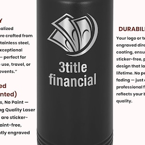 May include: Black tumbler with a silver logo of three stylized dollar bills and the text "3title financial." The tumbler is made of stainless steel and laser engraved for durability. The text "QUALITY" and "DURABILITY" are also visible.