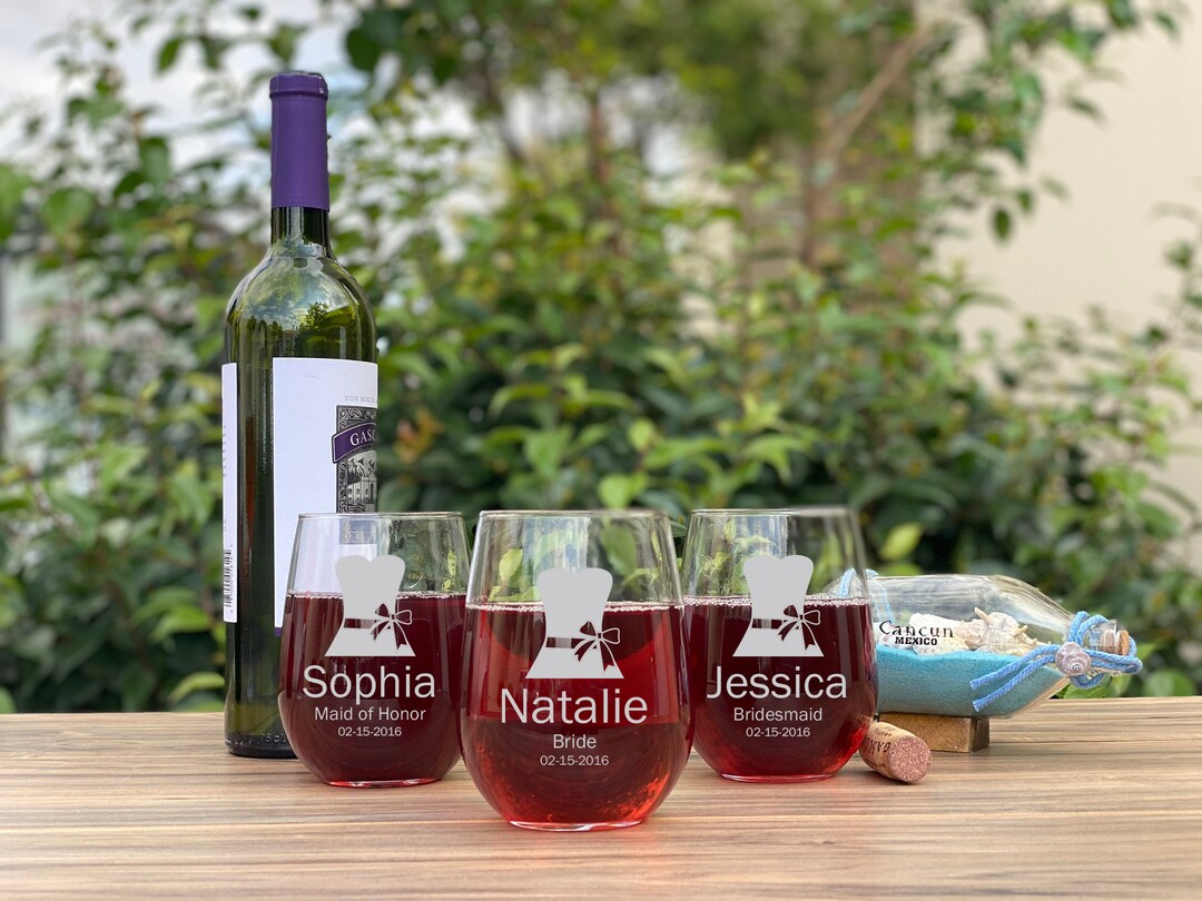Personalized Stemless Wine Glass, Custom Wine Glasses for Bridesmaid Gift, Engraved Champagne ...