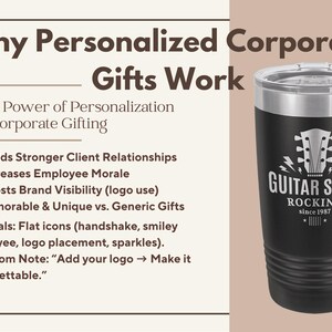May include: Black insulated tumbler with a silver rim and lid. The tumbler features the text "GUITAR SHOP ROCKING since 1987" and a guitar headstock logo. The image also includes text about personalized corporate gifts.