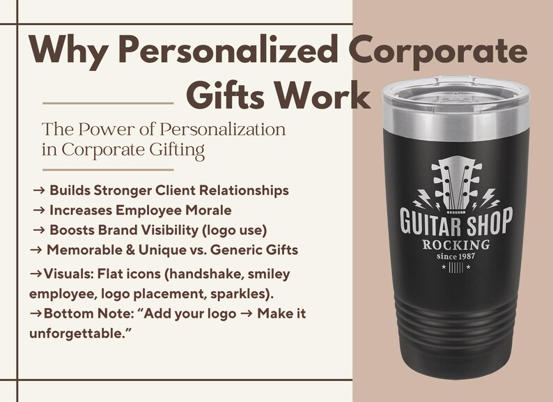 May include: Black insulated tumbler with a silver rim and lid. The tumbler features the text "GUITAR SHOP ROCKING since 1987" and a guitar headstock logo. The image also includes text about personalized corporate gifts.