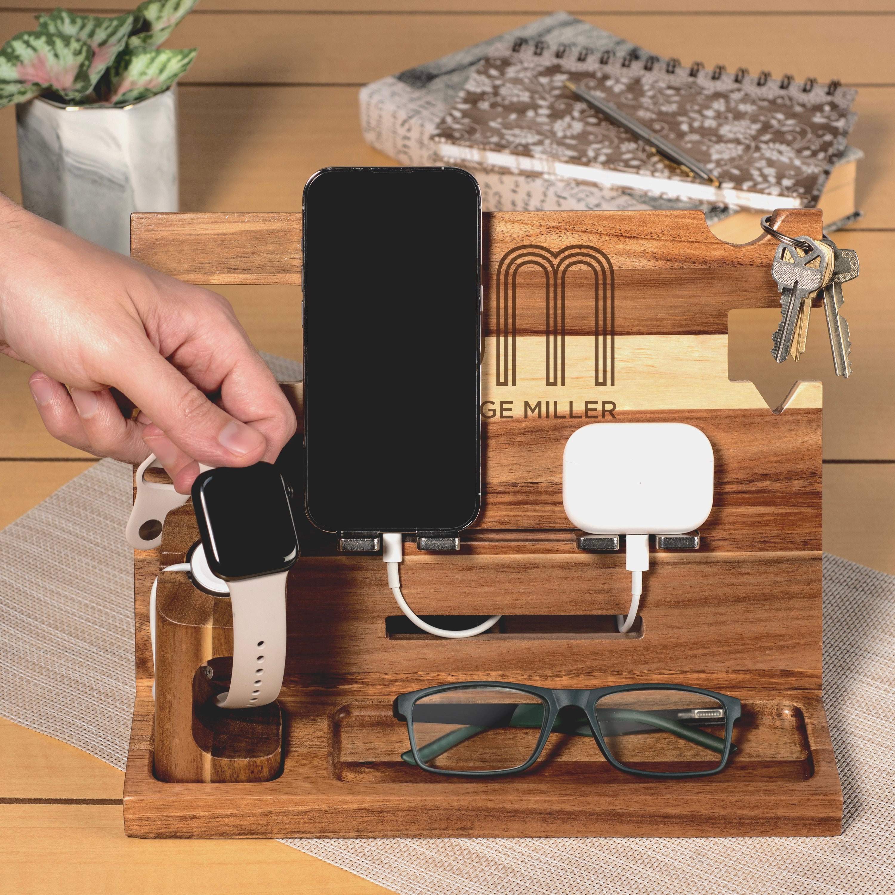 Personalized Handcrafted Wooden Phone Docking Station – Custom Engraved Elegant Charging Stand & Organizer – Perfect gift for men