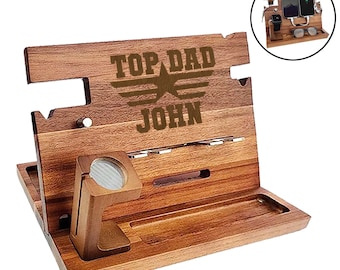 Personalized Gift for Dad- Wood Docking Station Men Desk Organizer Phone Stand - Christmas Gift for Men Husband - Father&#39;s Day Gift