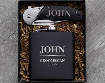 Personalized Black Flask Gift Set, Groomsmen Wedding Favor