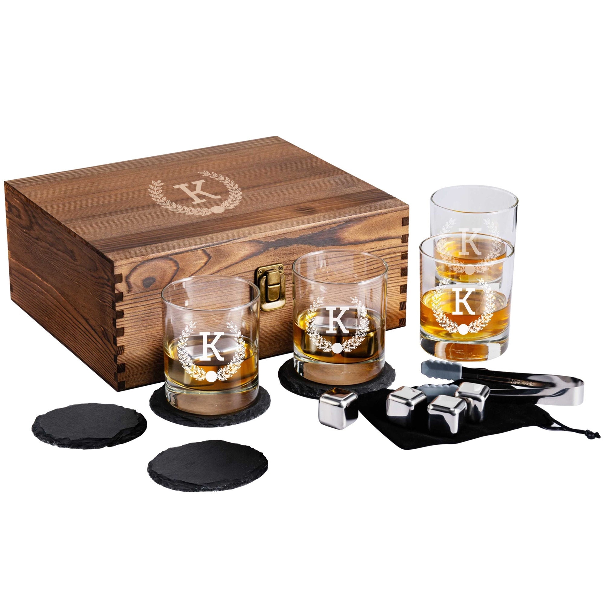 Personalized Whiskey Glasses With Wooden Gift Box Custom Etched Bourbon Rocks Glass Set of 4 Perfect Gift For Father's Day Gift For Him