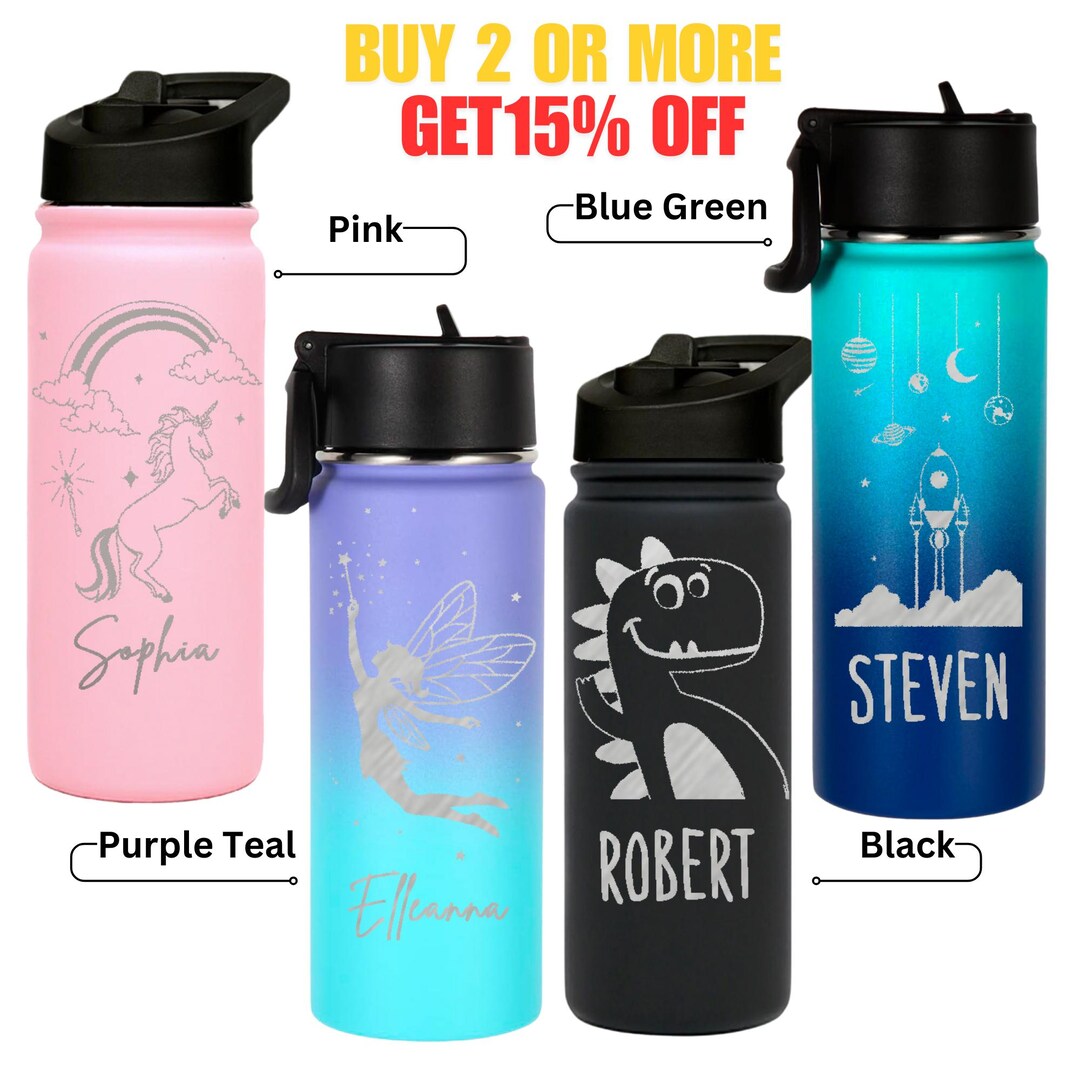 Personalized Water Bottle for Kids With Straw, Custom Stainless Steel ...