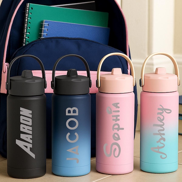 Personalized Water Bottle for kids with Straw, Custom Stainless Steel Engraved Names for Boys and Girls, Kids Tumbler, 18oz Tumbler for Kids