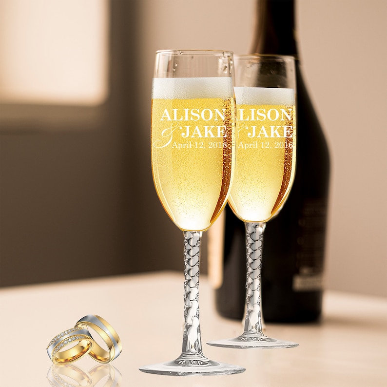 Personalized Champagne Flutes With Wooden Gift Box Wedding Etsy
