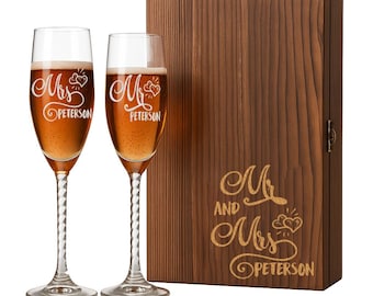 Engraved Wedding Champagne Flutes: Personalized Mr & Mrs Toasting Set