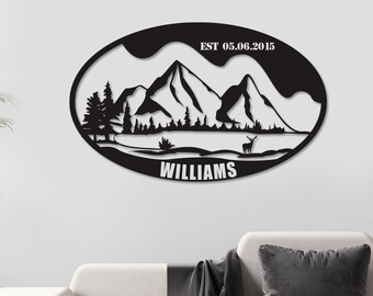 Custom Metal Family Name Sign, Mountain Last Name, Large Metal Wall Art, Home Decoration, Wedding Gift, Farmhouse Decor,  Gift