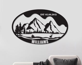 Deers and Mountain Metal Family Name Sign – Custom Metal Wall Art, Unique Home Decor, PWedding Gift for Couples, Rustic and Nature-Inspired