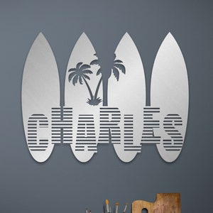 Personalized Name Metal Wall Art – Surfboard Shaped, Palm Tree Design, Modern Home Décor, Beach House Sign, Custom Name Gift