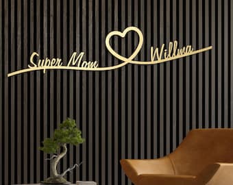 Custom Super Mom Metal Wall Art with Name and Heart – Personalized Gold Wall Sign Gift for Mom – Mother's Day or Birthday Wall Decor