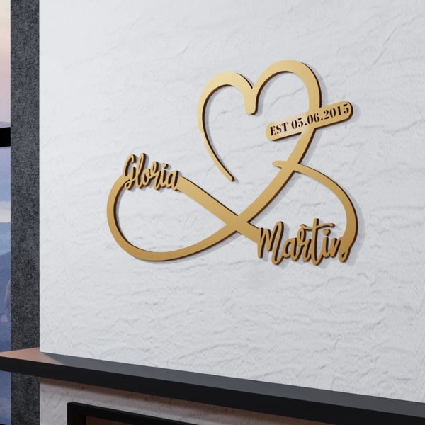 Personalisiertes Hochzeitsgeschenk für Paare, Metallherz und Unendlichkeitszeichen mit Namen und Datum Kundenspezifische große Metallwandkunst, zeitgenössische Kunst