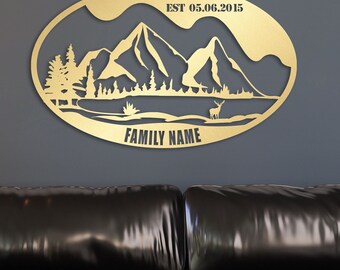 Deers and Mountain Metal Family Name Sign, Metal Wall Art and Decor,  Customized Home Decoration, Wedding Gift for Couple, Thanksgiving Gift