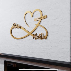 Regalo de boda personalizado para pareja, corazón de metal y letrero de infinito con nombres y fecha, arte de pared de metal grande con el amor personalizado, arte contemporáneo