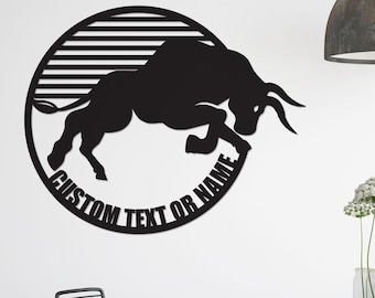 Metal Bull Wall Art and Decor – Custom Home and Office Decoration, Personalized Gift for Men and Boys, Black Metal Man Cave Wall Art Decor