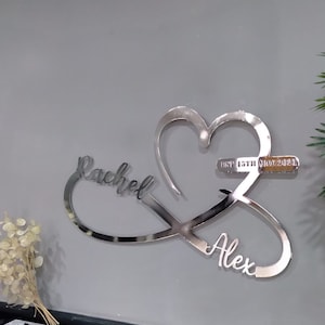 Grote metalen wanddecoratie met hart en oneindigheidssymbool, glanzende kleur, gepersonaliseerde woondecoratie, bruiloft, cadeaus voor haar, unieke gepersonaliseerde cadeaus