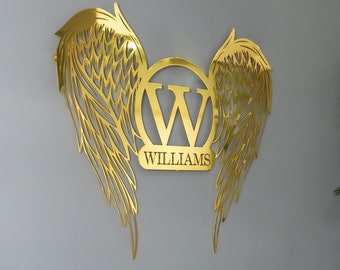 Custom Angel Wings Monogram Metal Wall Art – Gold Family Name Sign with Initial – Personalized Gift for Memorial, Home or Bedroom Decor