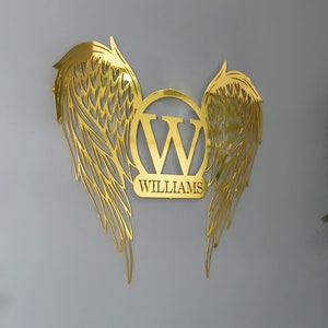 Custom Angel Wings Monogram Metal Wall Art – Gold Family Name Sign with Initial – Personalized Gift for Memorial, Home or Bedroom Decor