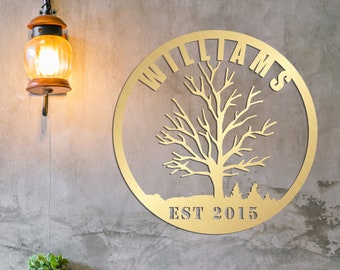 Gold Metal Family Tree of Life Wall Art, Metal Last Name Sign, Custom Home Gift for Families, Wedding Gift, Personalized Unique Friend Gifts
