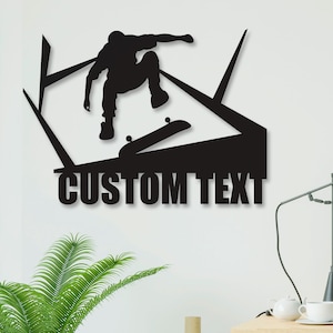 Custom Skater Metal Wall Art – Black Personalized Name Sign, Modern Skateboard Decor, Teen Bedroom Accent, Unique Gift for Boys