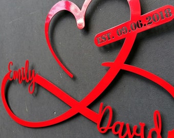Metal Wall Art Red Personalized Heart and Infinity, Wedding Gift For Couples, Custom Anniversary Gift For Family, Engagement Gift For Her