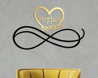 Personalized Heart and Infinity Metal Wall Art, Black and Gold Love Metal Sign, Stylish Home Gift for Couples, Wedding or Anniversary Gift
