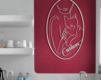 Minimal Cat Metal Wall Art – Personalized Feline Line Drawing – Custom Name Unique Pet Owner Gift – Sleek Black Metal Home Wall Accent