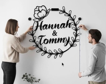 Personalized Wedding Gift for Couple, Metal Floral Sign with Name and Date, Wedding Sign, Engagement Announcement Sign, Anniversary Gift