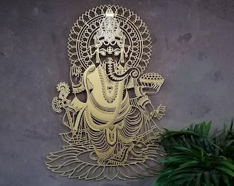 Gold Ganesha Large Metal Wall Art and Decor, Elephant Ganapati Statue, Hindu God Idol Home Decoration, Diwali Gifts, Indian Home Gifts