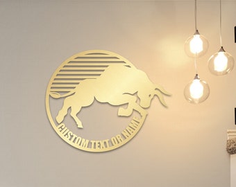 Bull Large Metal Wall Art, Gold Customized Home Decoration, New Home ,  Personalized Unique Housewarming, Wedding or Home Gifts for Couple