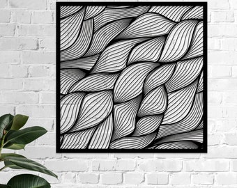 Abstract Leaf Line Metal Wall Art – Modern Black and White Geometric Nature Design for Living Room or Office – Unique Art Gift for Home