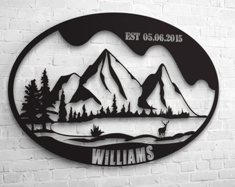 Custom Metal Mountain and Forest Silhouette Wall Art, Metal Family Name Sign, Deer, and Lake Metal Farm House Decor, Home Gift For Couples