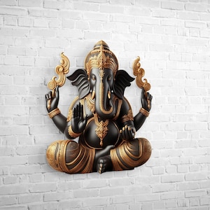 May include: A black and gold statue of the Hindu deity Ganesha, seated in a meditative pose. The statue is mounted on a white brick wall. The statue features intricate gold detailing on the crown, jewelry, and decorative elements.