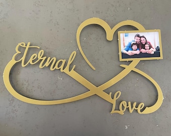 Personalized Wedding Gift for Couple, Gold Custom Metal Heart Infinity Wall Art Photo Frame, Engagement Announcement Sign, Anniversary Gift