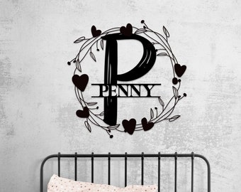 Personalized Family Name Sign, Monogram Metal Floral and Heart Last Name Sign, Personalized Metal Name Sign, Established Last Name Sign