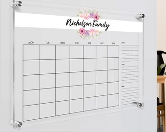 Personalized Acrylic Wall Calendar, Floral Family Wall Planner, Dry Erase Board, School Planner, Monthly,  Weekly Calendar, Command Center,
