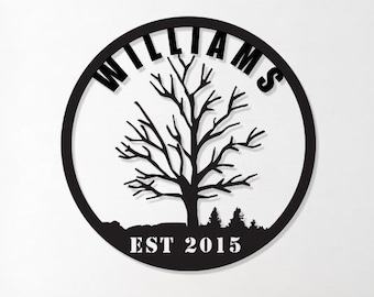 Custom Tree of Life Family Name Metal Wall Art – Personalized Round Sign with EST Year – Rustic Outdoor or Entryway Gift for Loved Ones