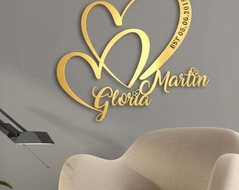 Custom Metal Wall Art, Personalized Wedding Gift for Couple, Metal Heart with Name and Date,  Engagement Announcement Sign, Anniversary Gift