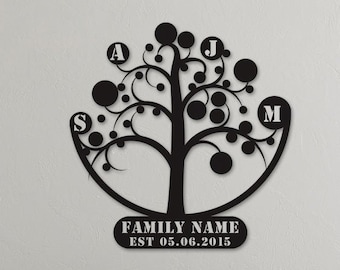 Metal Family Tree Wall Art Decor, Metal Name Sign, Custom Home Decoration, Wedding Gift For Couples, Floral Black Personalized Unique Gifts