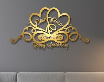 Shiny Gold Metal Heart and Infinity Wall Art, Customized Names and Date Sign , Custom Home Decoration, Wedding Gifts for Couple