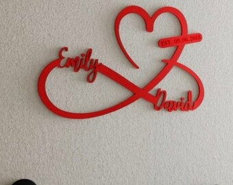 Red Heart and Infinity Metal Wall Art Decor Custom Names and Date Sign Metal Wall Hanging, Gift For Lovers, Wedding Home Gift For Couples
