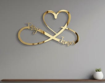 Shiny Gold Infinity Heart Custom Name Metal Wall Art – Personalized Couple Sign for Bedroom or Wedding Gift  Modern Love Wall Decor for Home