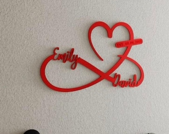 Red Metal Heart and Infinity Custom Names and Date Sign, Custom Metal Wall Art Decor, Wedding Decoration, Home Gifts for Couple, Love Gift