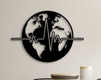 World Map Heartbeat Metal Wall Art – Modern Black Globe Wall Decor for Travelers, Doctors or Offices – Unique Wanderlust Gift Idea